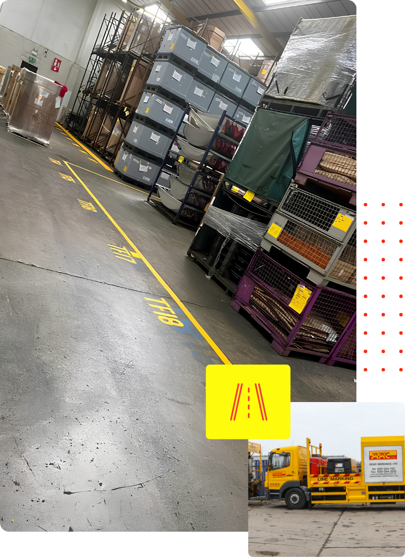 Warehouse floor markings for forklift routes