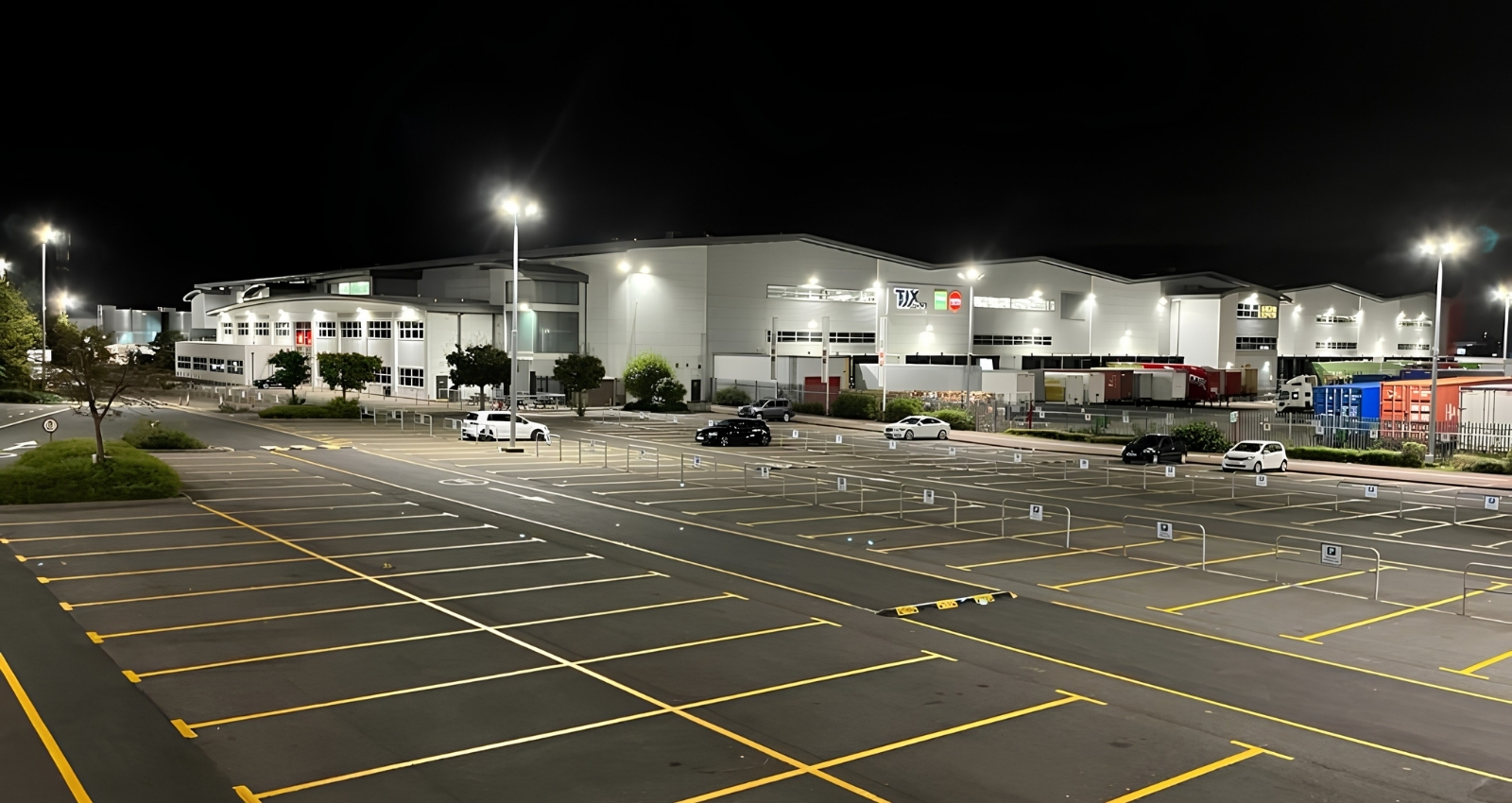 Thermoplastic line marking being applied to a commercial car park