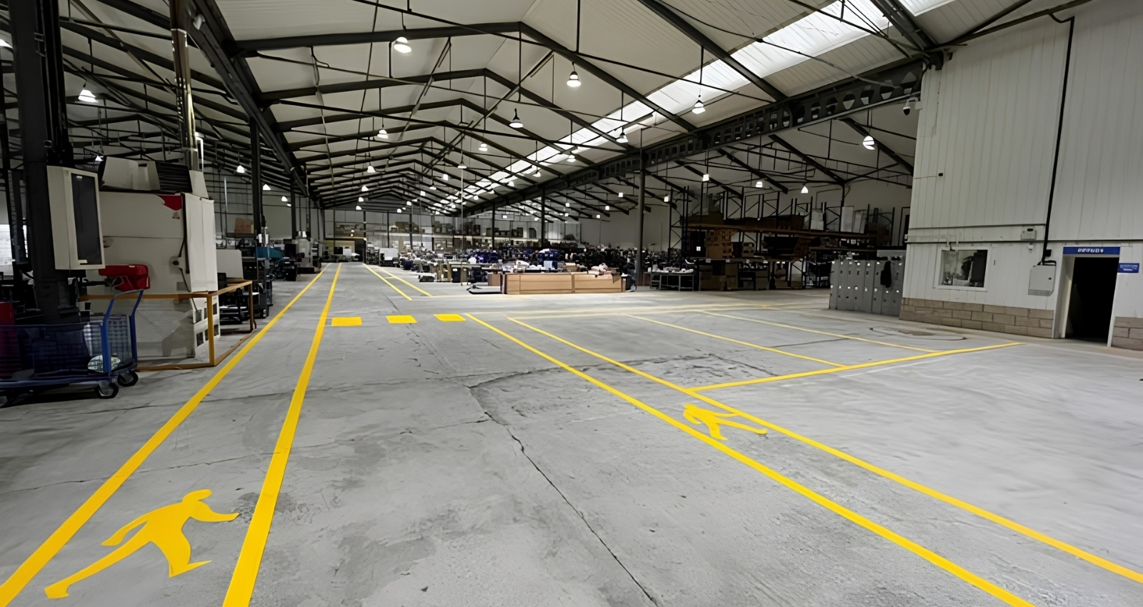 Warehouse safety floor markings separating pedestrians and vehicle routes