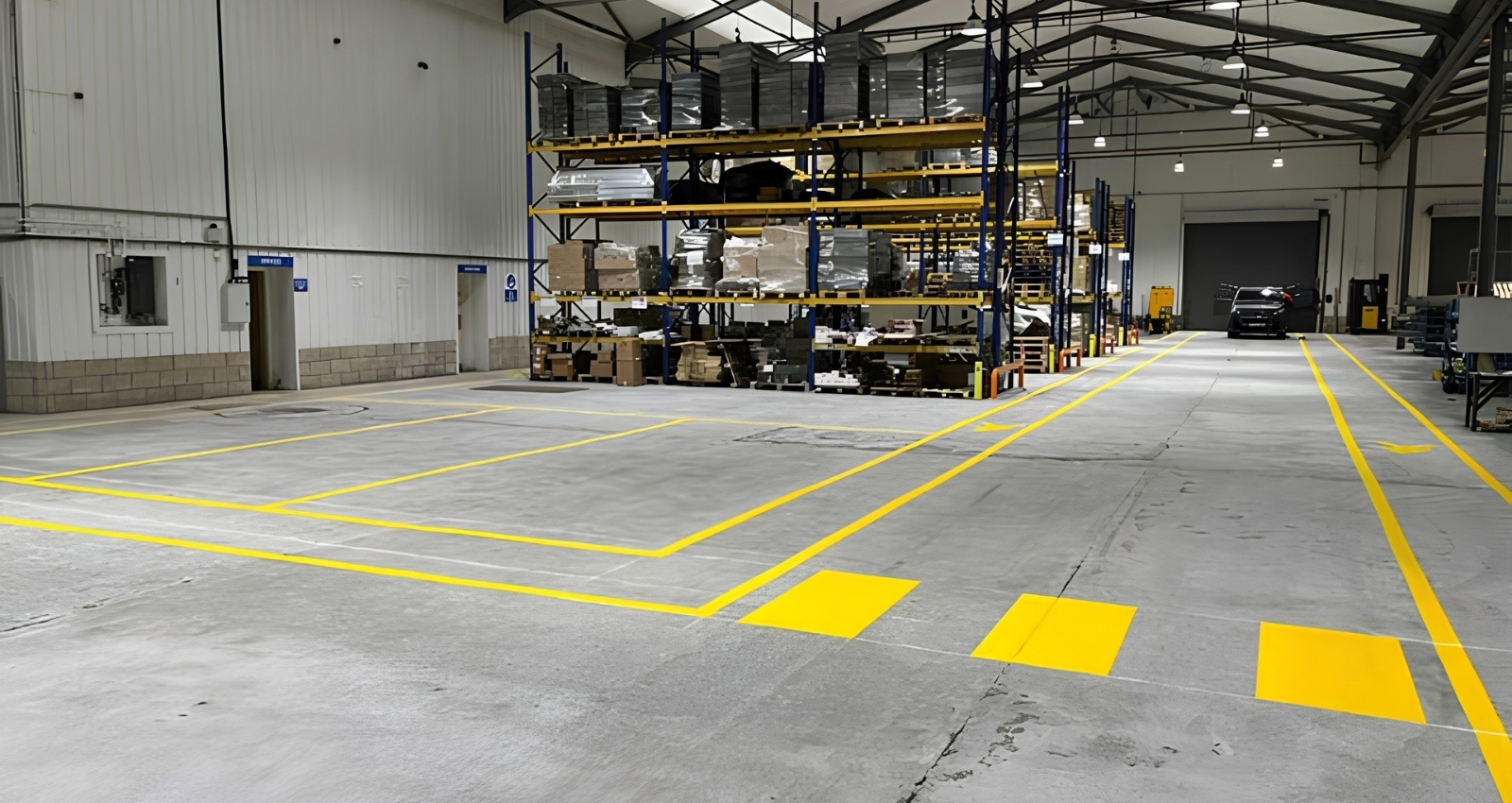 High-contrast black and yellow hazard warning stripes painted around a warehouse column to highlight a high-risk area and prevent accidental collisions