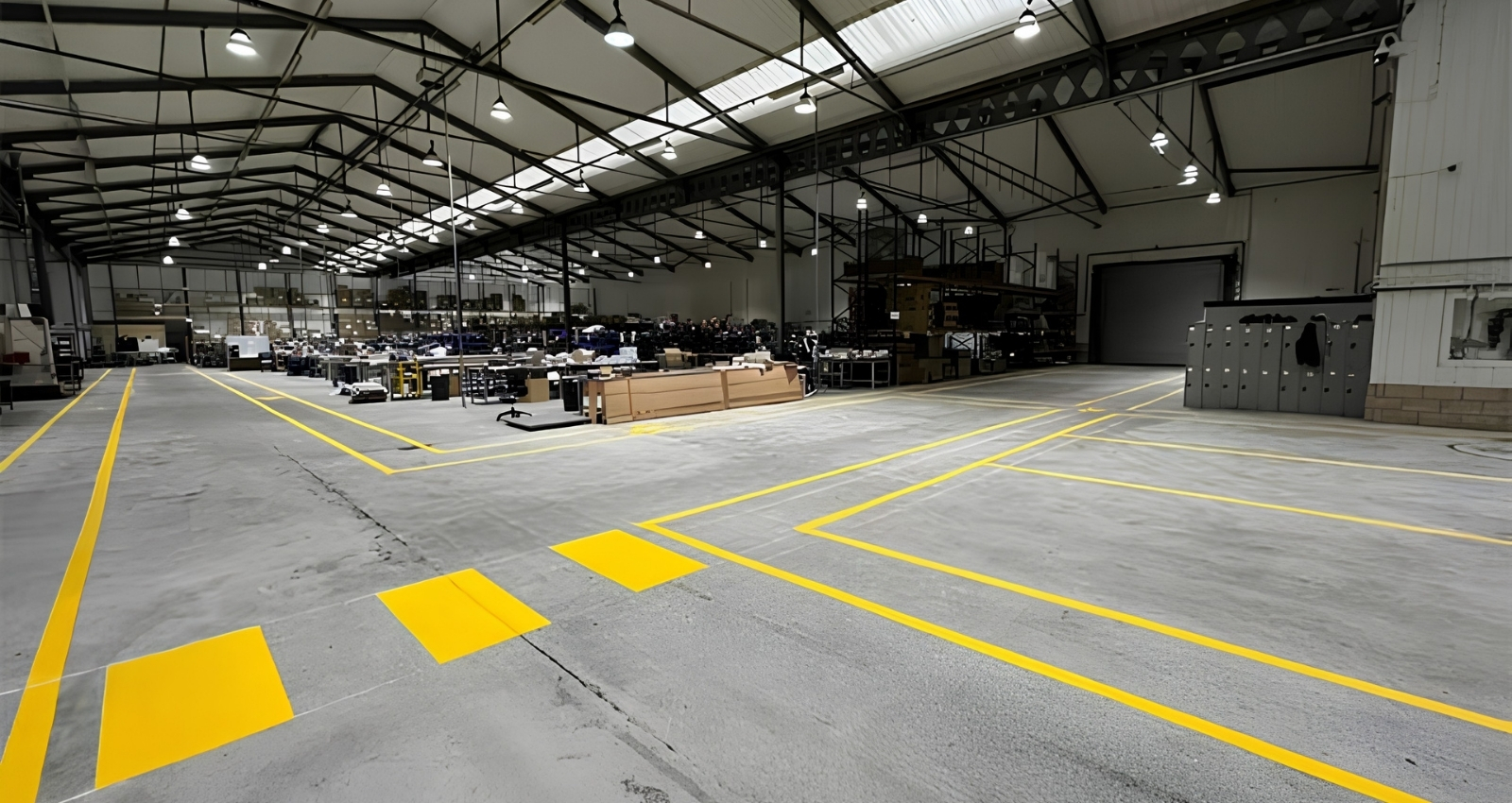 Precision warehouse markings define storage and picking zones