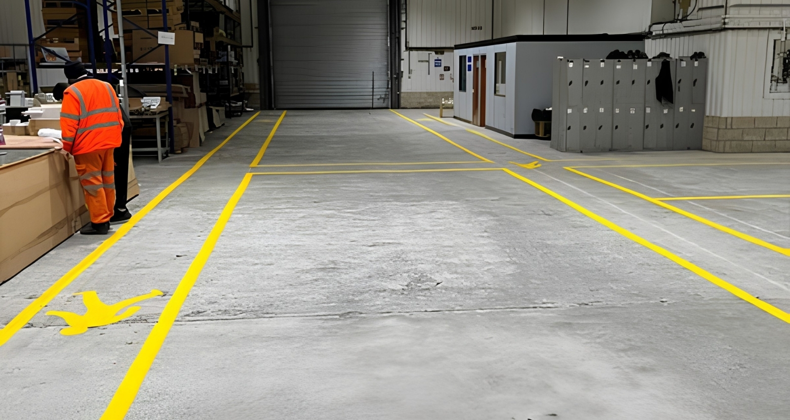 Workers applying durable line marking paint to a concrete warehouse floor to create a clearly defined storage bay for improved efficiency