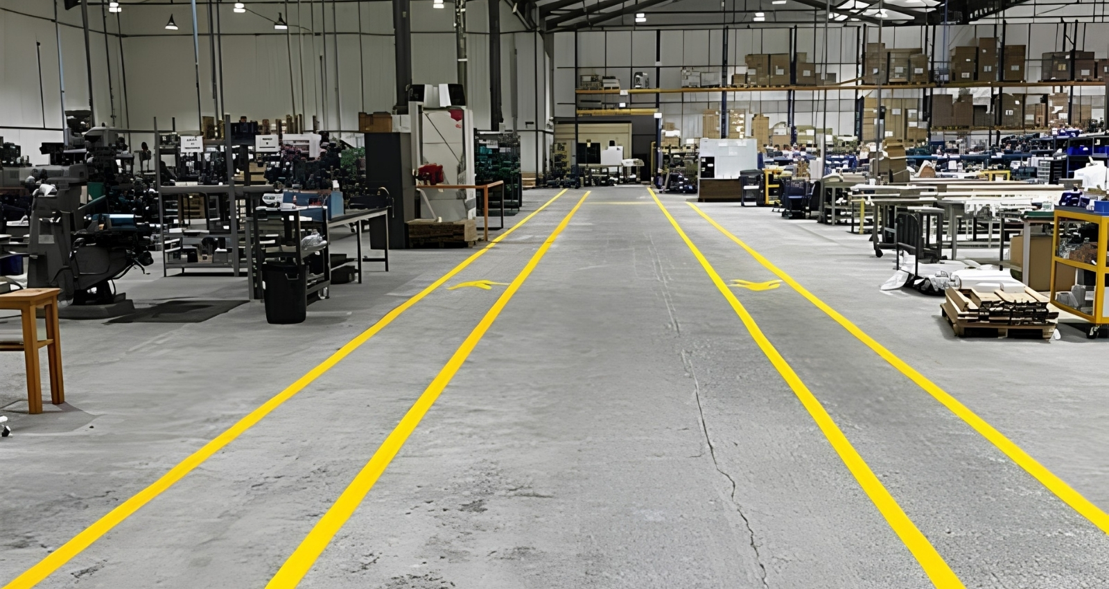 Yellow warehouse marking defines forklift traffic lanes on concrete floor